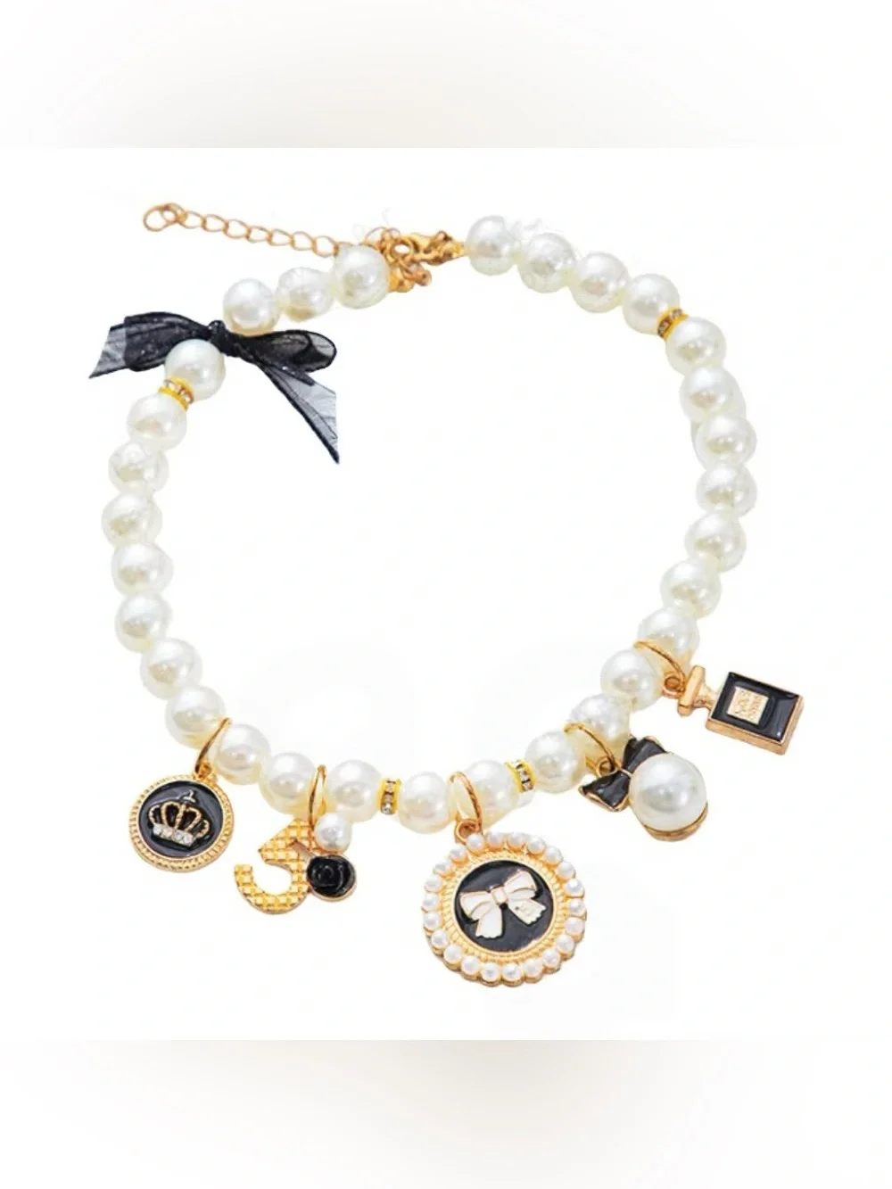 Cute Pearl Dog Cat Collar Necklace Black and Gold Charms Pet Jewelry Adjustable